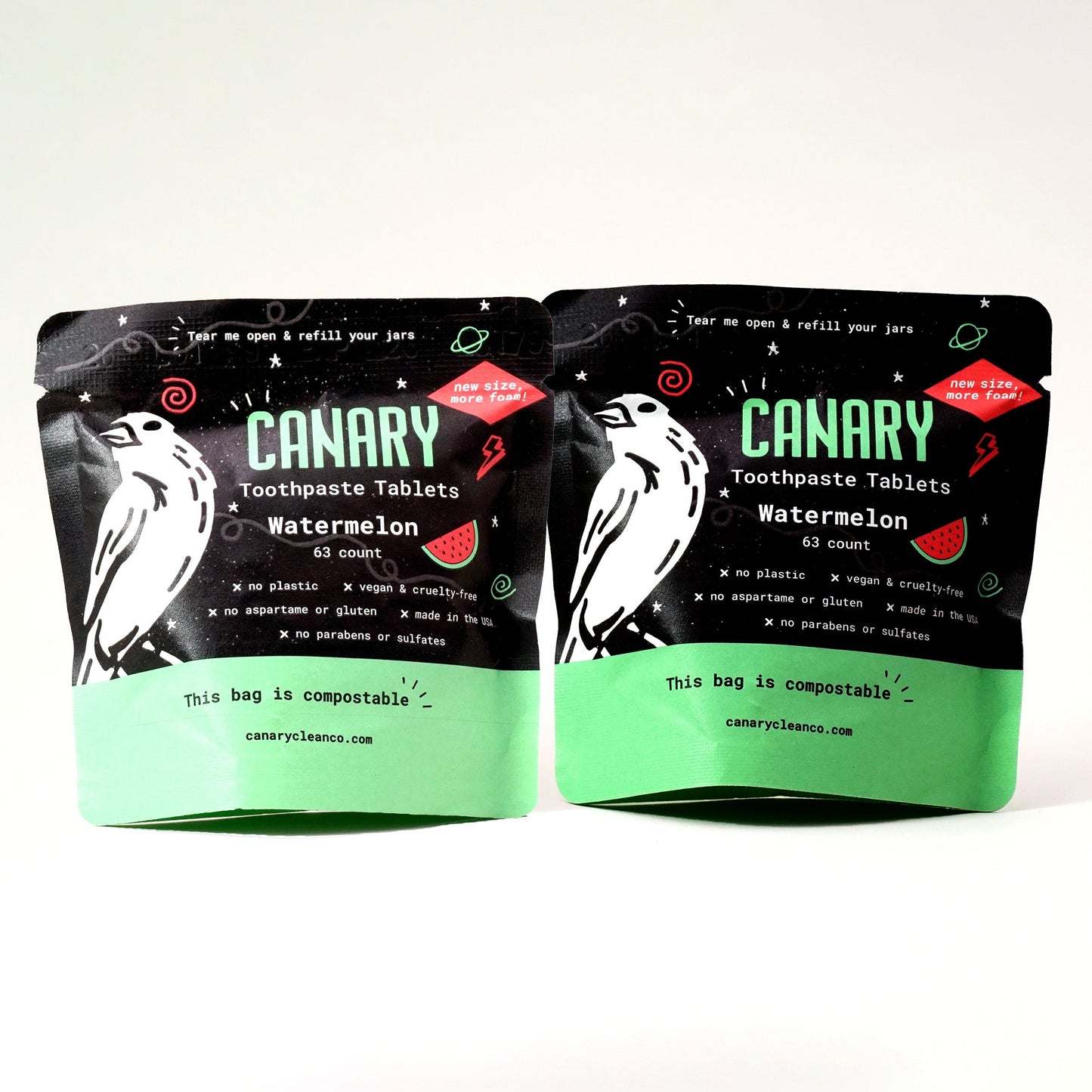 Canary Watermelon Toothpaste Kid-friendly Tablets, 2-pack of the sample size 63 count compostable pouches, front of pouches