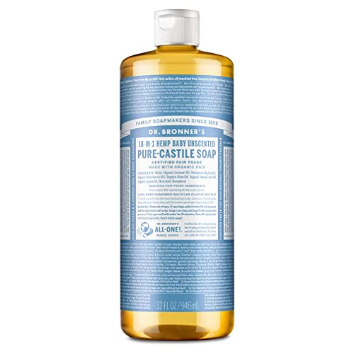 Dr. Bronner's - Pure-Castile Liquid Soap (Baby Unscented, 32 ounce) - Made with Organic Oils, 18-in-1 Uses: Face, Hair, Laundry and Dishes, For Sensitive Skin & Babies, No Added Fragrance, Vegan