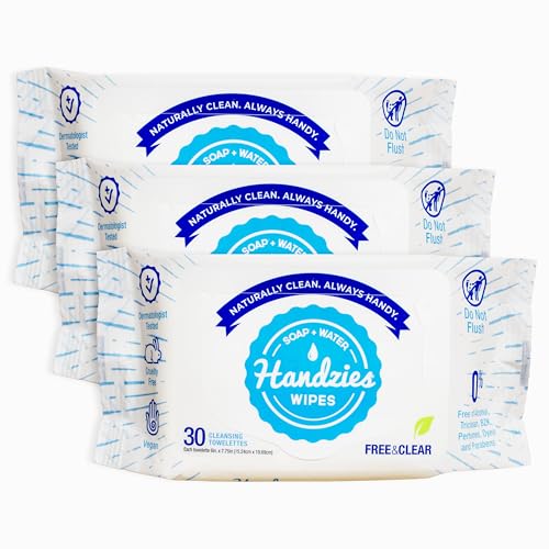 Handzies Alcohol-Free Natural Soap and Water Cleansing Towelettes - Free&Clear - 30ct soft pouch - Pack of 3 (90 total towelettes)