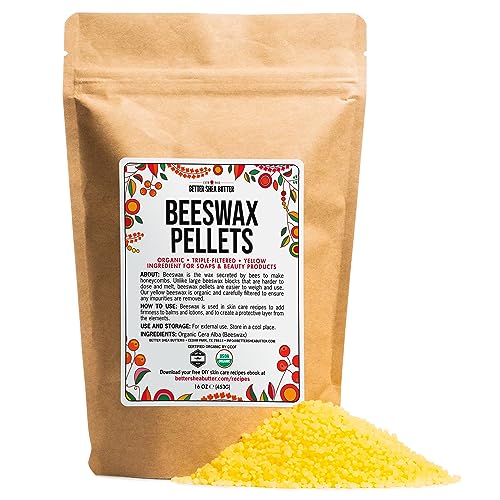 Better Shea Butter Organic Beeswax Pellets | Use it to make Candles, Food Wraps, Furniture Polish, Lip Balms | Food Grade, 100% Pure, Yellow Beeswax Pastilles | 1 LB (16 oz)
