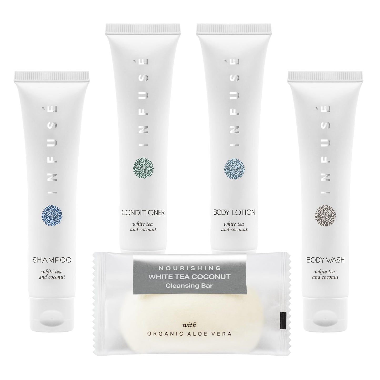 Infuse Pure White Tea and Coconut All-In-Kit Hotel Soaps and Toiletries Bulk Set | 1oz Shampoo & Conditioner, Body Wash, Lotion & 1.25oz Bar Soap | Travel Size 75 Pieces.