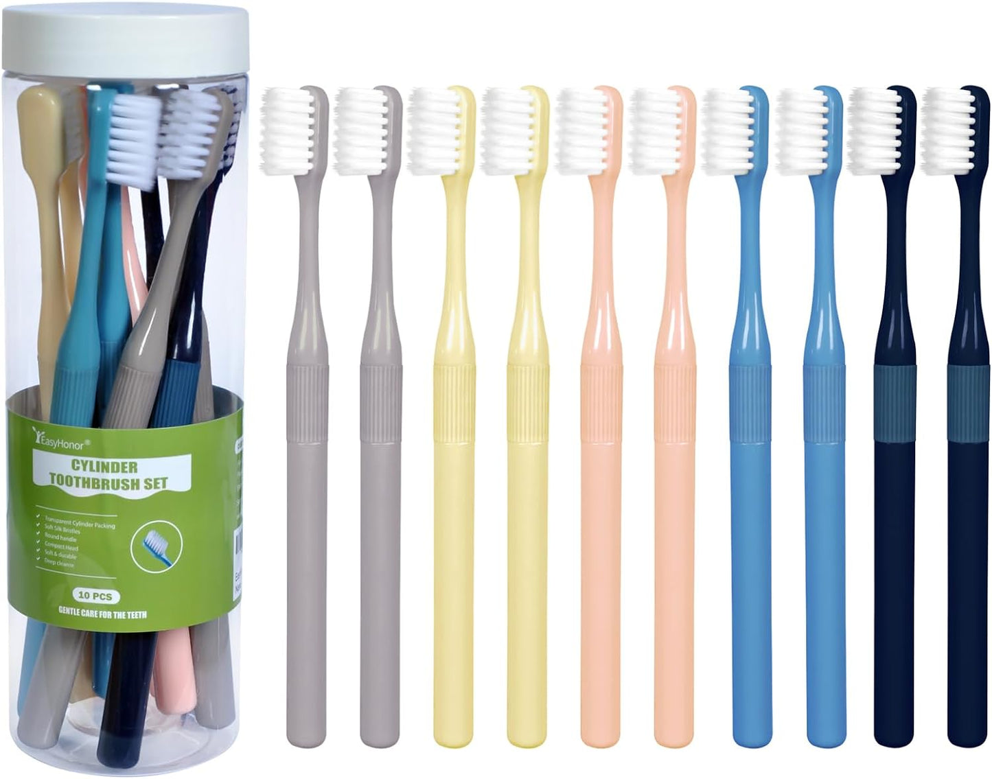 EasyHonor Cylinder Toothbrush, Soft Manual Toothbrush with Silk Bristles, Gentle Cleaning Toothbrush for Sensitive Teeth and Gums, Compact Head, Packaged in A Clear Cylinder. (10 Pcs)