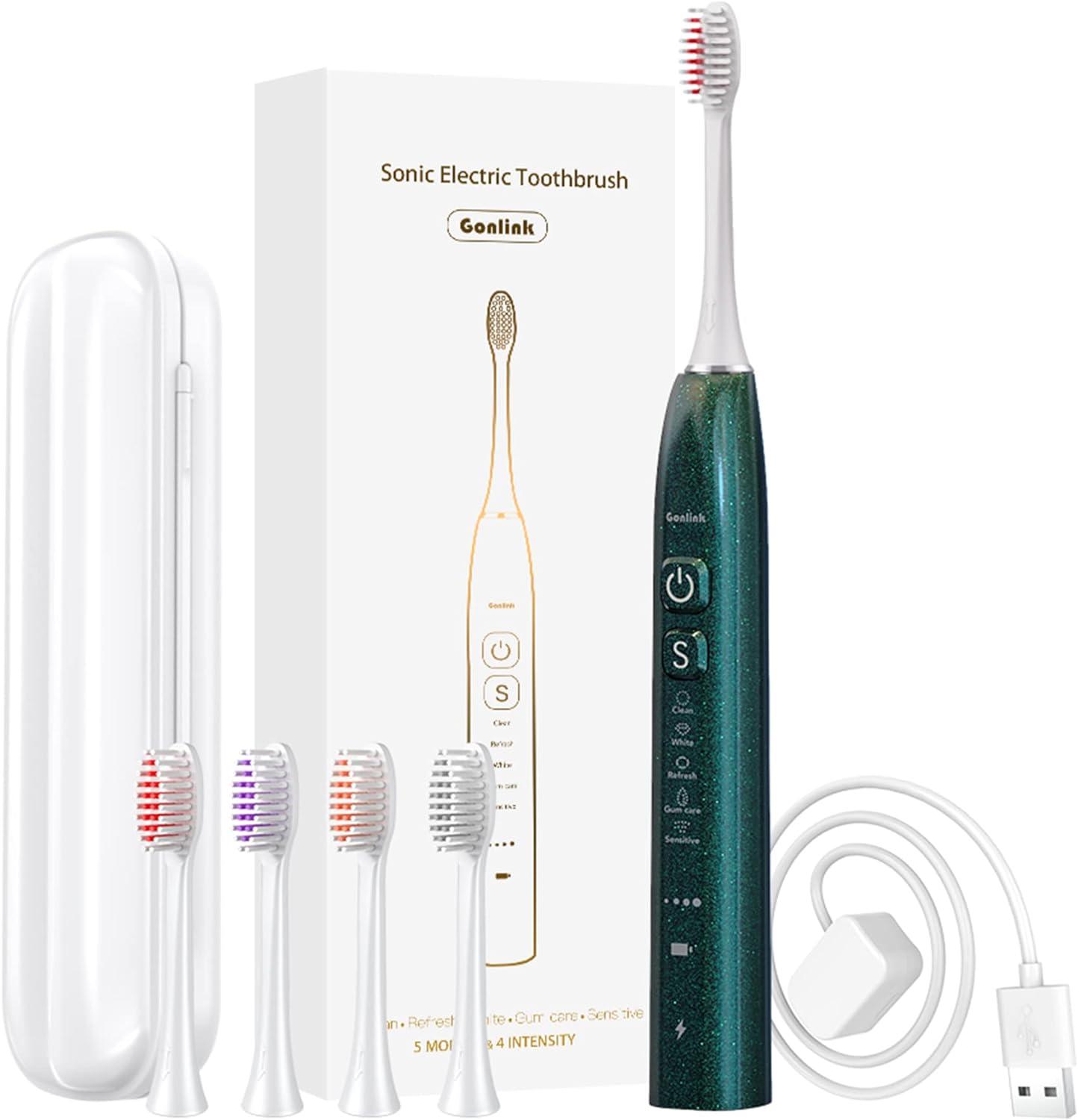 Sonic Electric Toothbrush for Adults, 4 Toothbrush Heads Electric Toothbrush with Travel Case, Rechargeable Toothbrushes 5 Cleaning Modes with Charge Toothbrush (Green)