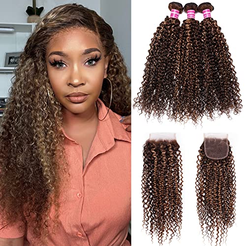 UNICE Brown Blonde Highlight Jerry Curly 3Bundles with 4x4 lace closure Free Part (20 22 24+18 Closure) 100% Brazilian Remy Hair Ombre Brown Balayage Jerry Curly Sew in Colored Human Hair Extension