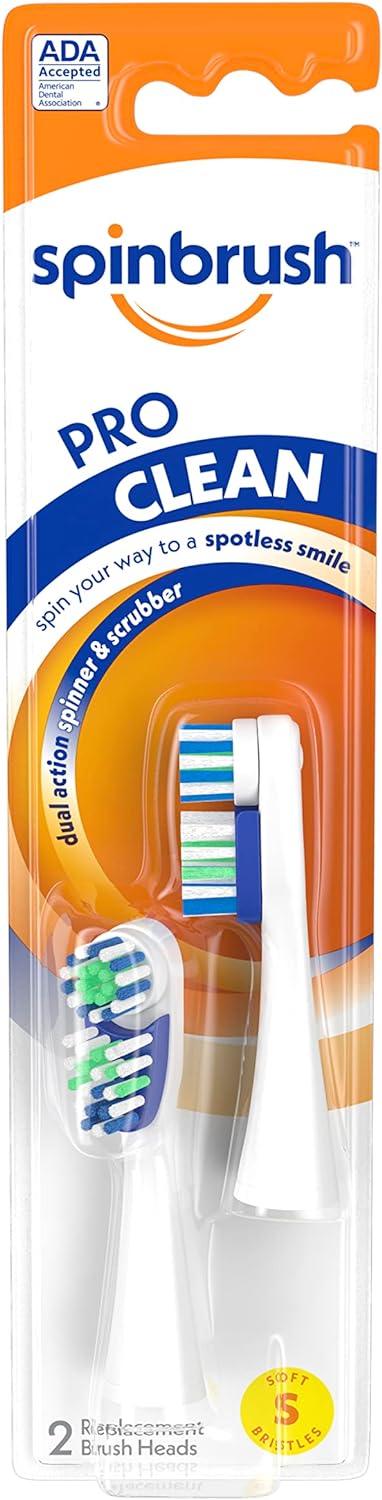 Spinbrush Pro Clean Replacement Heads, Soft Bristles, For Battery Toothbrush, 2-Pack