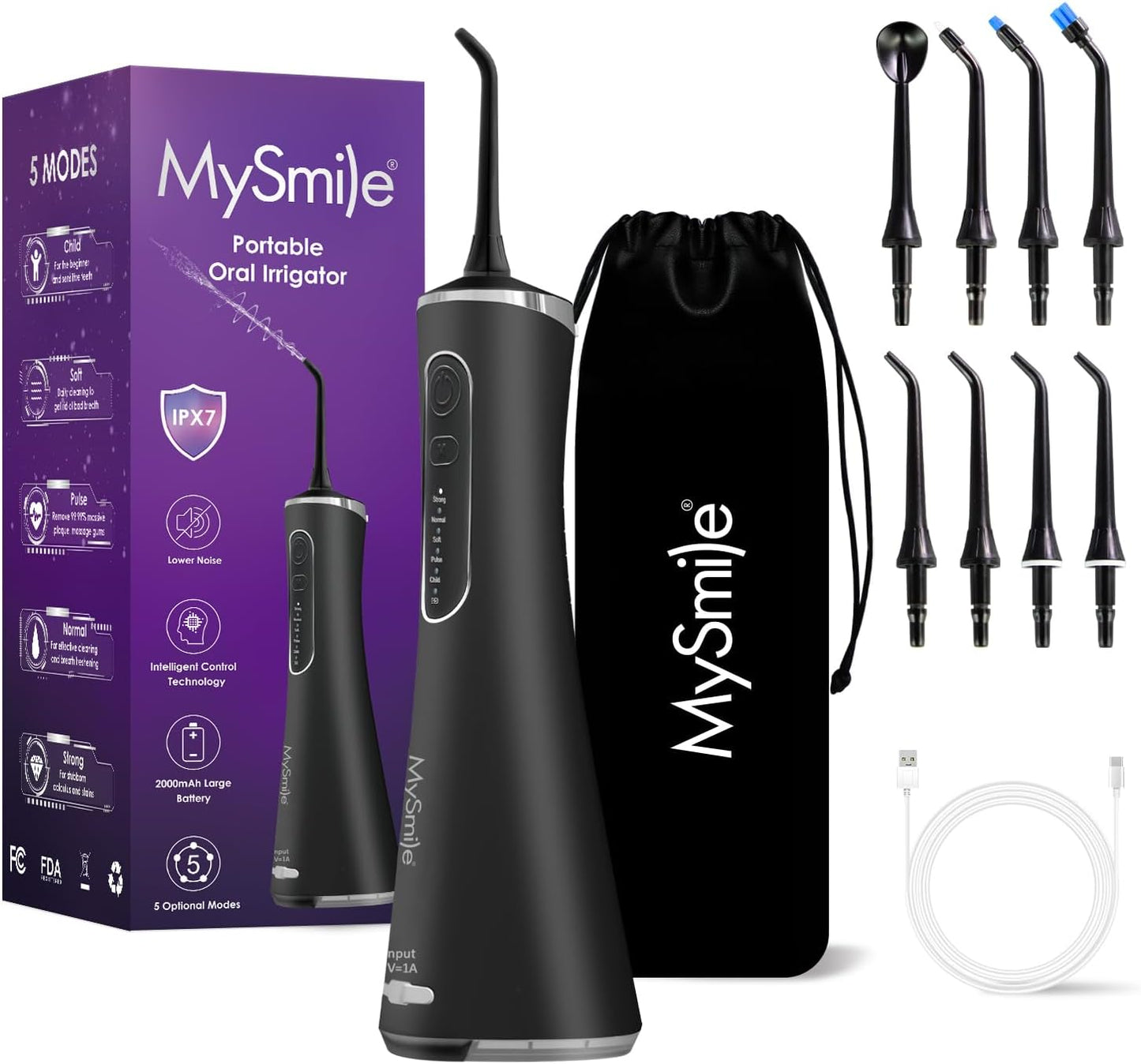 MySmile LP211 Cordless Advanced Water Flosser for Teeth, 5 Cleaning Modes Rechargeable Power Dental Flosser 8 Replacement Jet Tips IPX 7 Waterproof Dental Irrigador with Portable Travel Storage Pouch