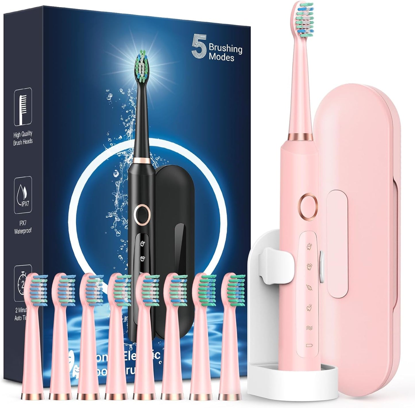 Sonic Rechargeable Electric Toothbrushes for Adults with 8 Brush Heads & Travel Case,Teeth Whitening , Power Toothbrush with Holder, 3 Hours Charge for 120 Days - Pink
