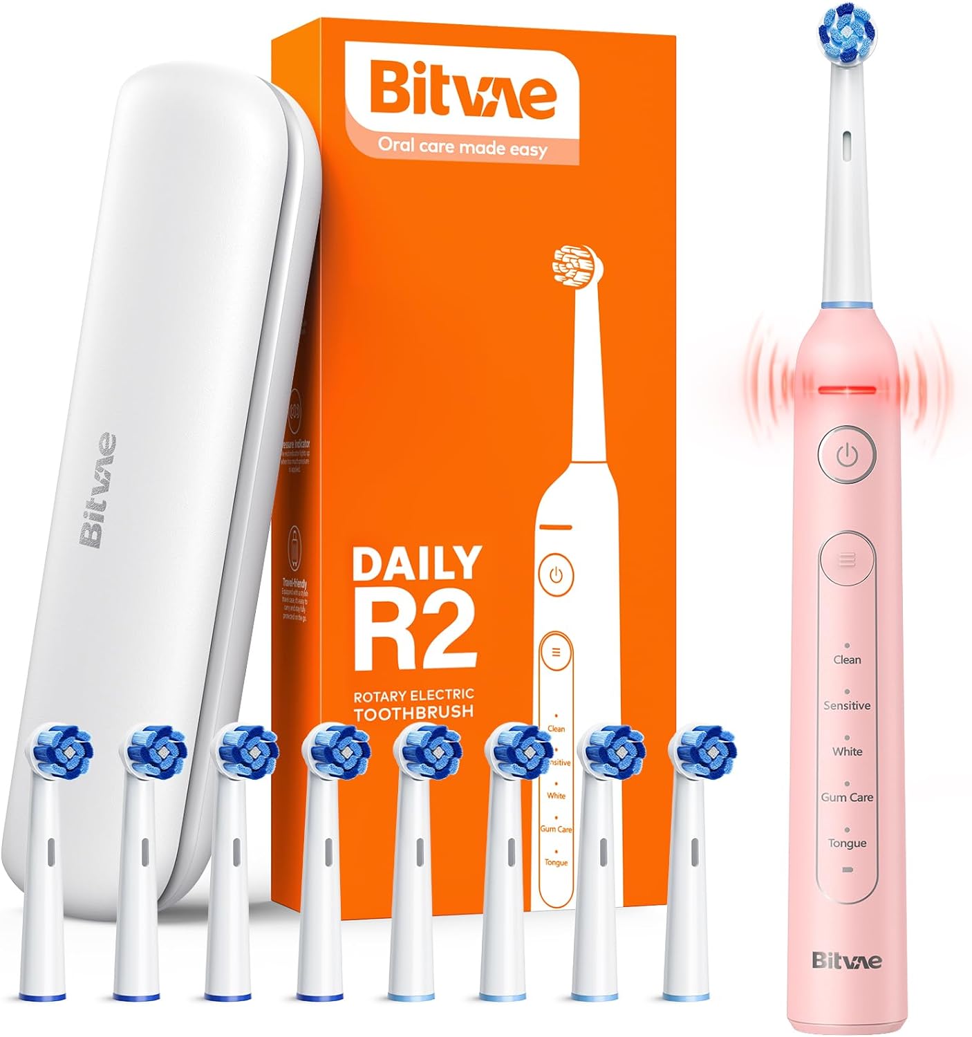 Bitvae R2 Rotating Electric Toothbrush for Adults with 8 Brush Heads, 5 Modes Rechargeable Power Toothbrush with Pressure Sensor, Pink