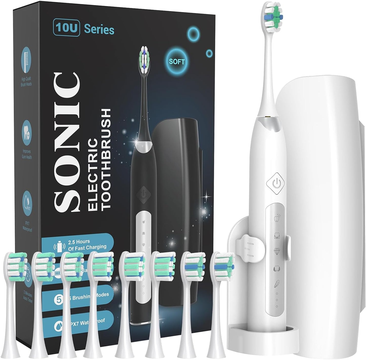 ANVS Sonic Electric Toothbrushes for Adults - Rechargeable Electric Toothbrush with Travel Case, 8 Brush Heads and a Holder, Power Whitening Toothbrush Fast Charge for 90 Days Use (White)