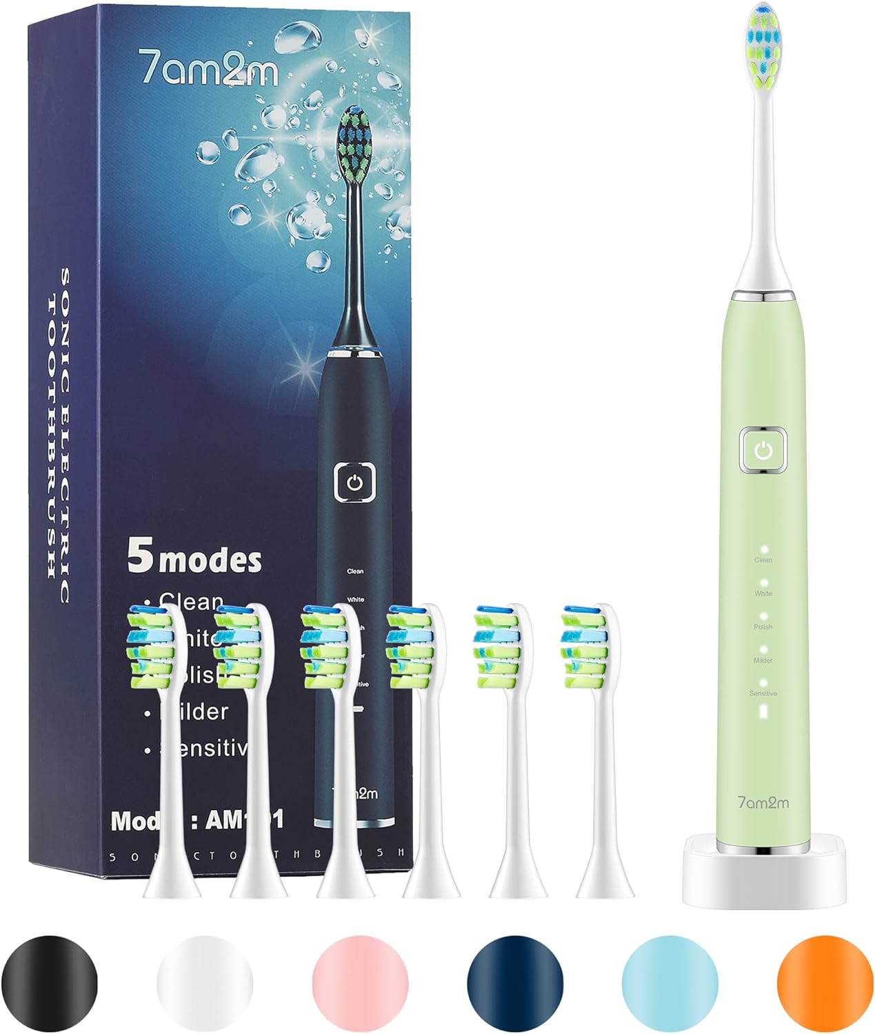 7AM2M Sonic Electric Toothbrush with 6 Brush Heads for Kids and Children, One Charge for 90 Days, Wireless Fast Charge, 5 Modes with 2 Minutes Built in Smart Timer, Electric Toothbrushes(Green)
