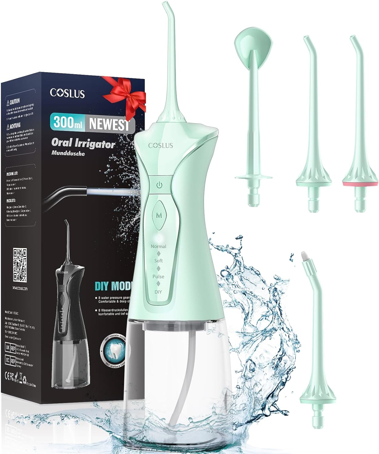 COSLUS Water Dental Flosser Pick for Teeth: 4 Modes Cordless Portable 300ML Larger Tank Water Teeth Cleaner IPX7 Waterproof Oral Irrigator Professional Flossing Cleaning Picks for Home Travel FC5360