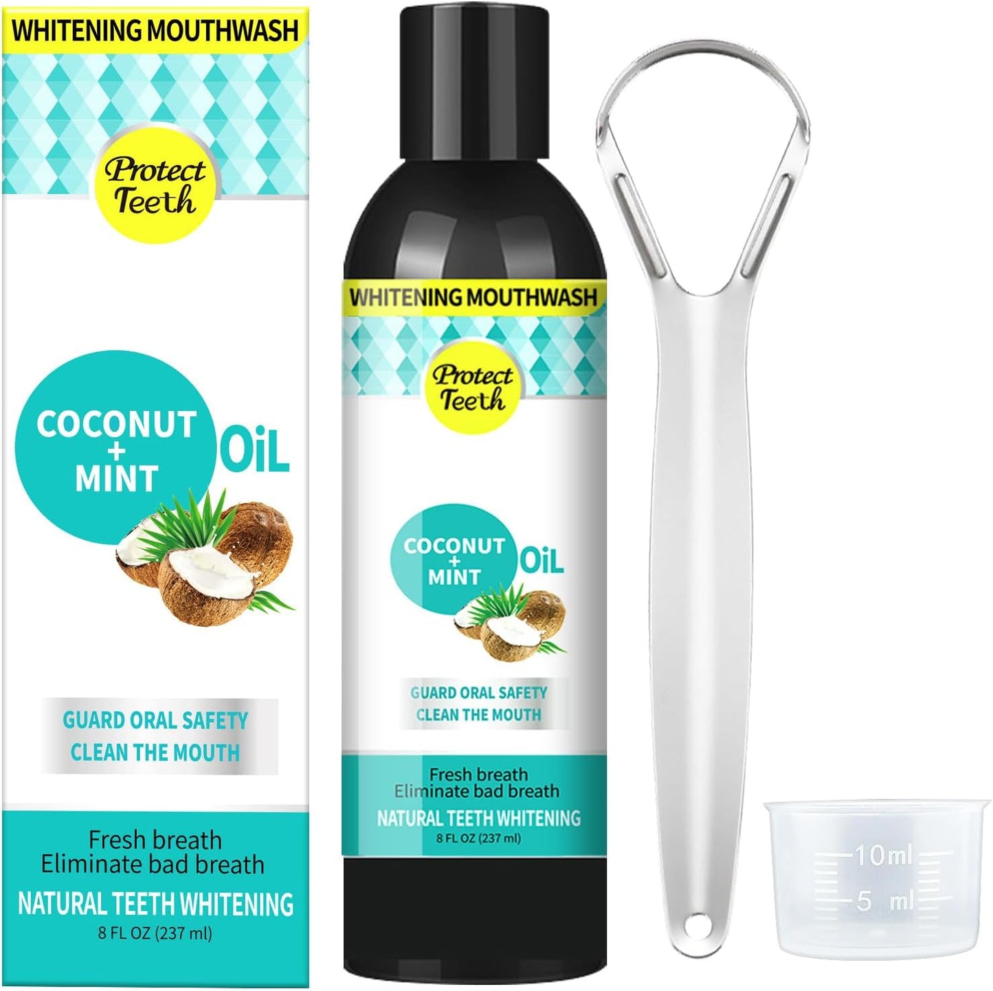 Coconut Pulling Oil, Mint Oil Pulling Mouthwash, Natural Alcohol Free Teeth Whitening & Gum Health, Fresh Breath, Including Tongue Scrapper and Measuring Cup(8 fl. 0z)