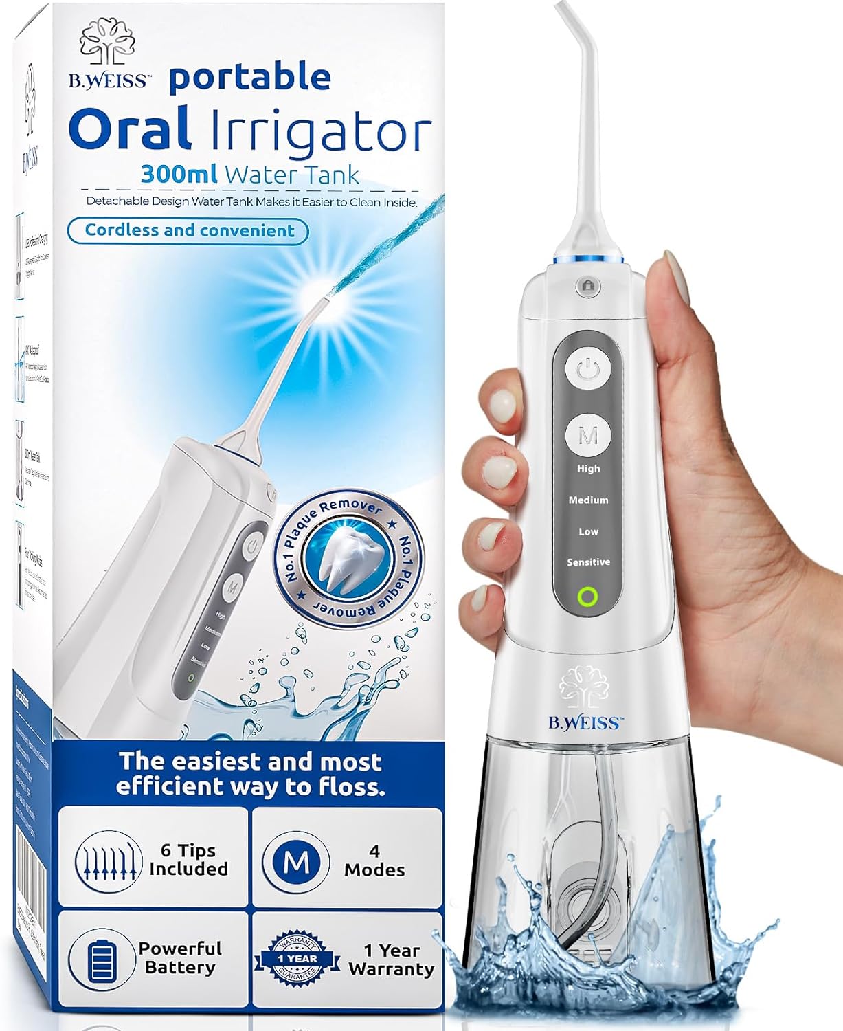 Water Flosser for Teeth Cordless Pick, 4 Modes, Upgraded Model: Gentle on Gums, Removes Plaque & Food Particles, B. WEISS High-Power, Rechargeable & Waterproof Oral Irrigator; 6 Replacement Tips.