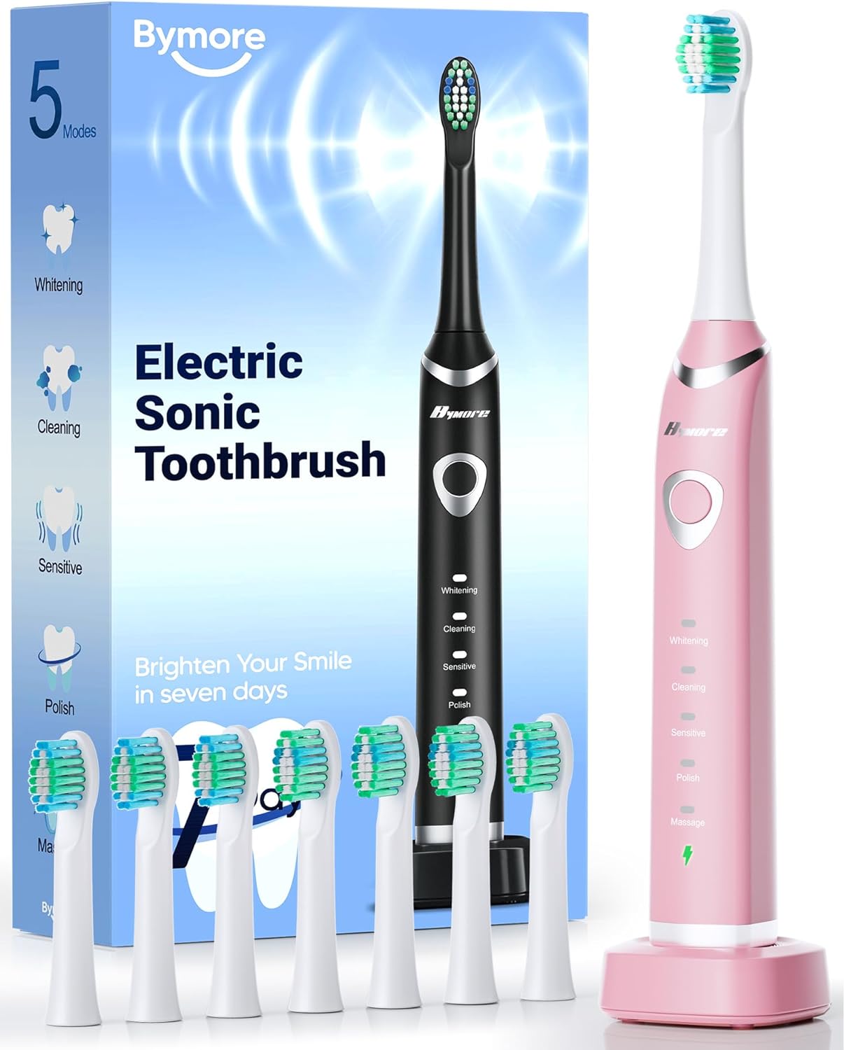Bymore Electric Toothbrush for Adults,Travel Sonic Toothbrush with 8 Replacement Heads, Ultra Clean Rechargeable Toothbrush Portable Electric Toothbrush for Kids -Pink