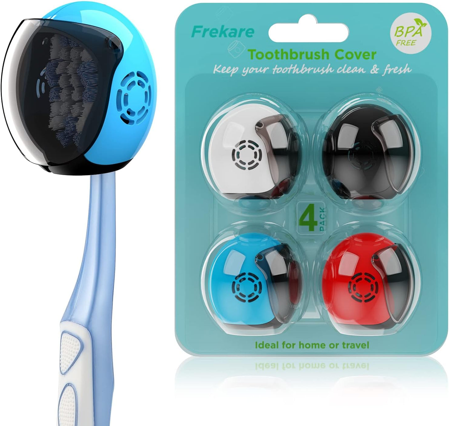 Frekare Helmet Toothbrush Covers Caps, Fits Most Manual and Electric Toothbrushes, 4 Count (White, Black, Blue, Red)