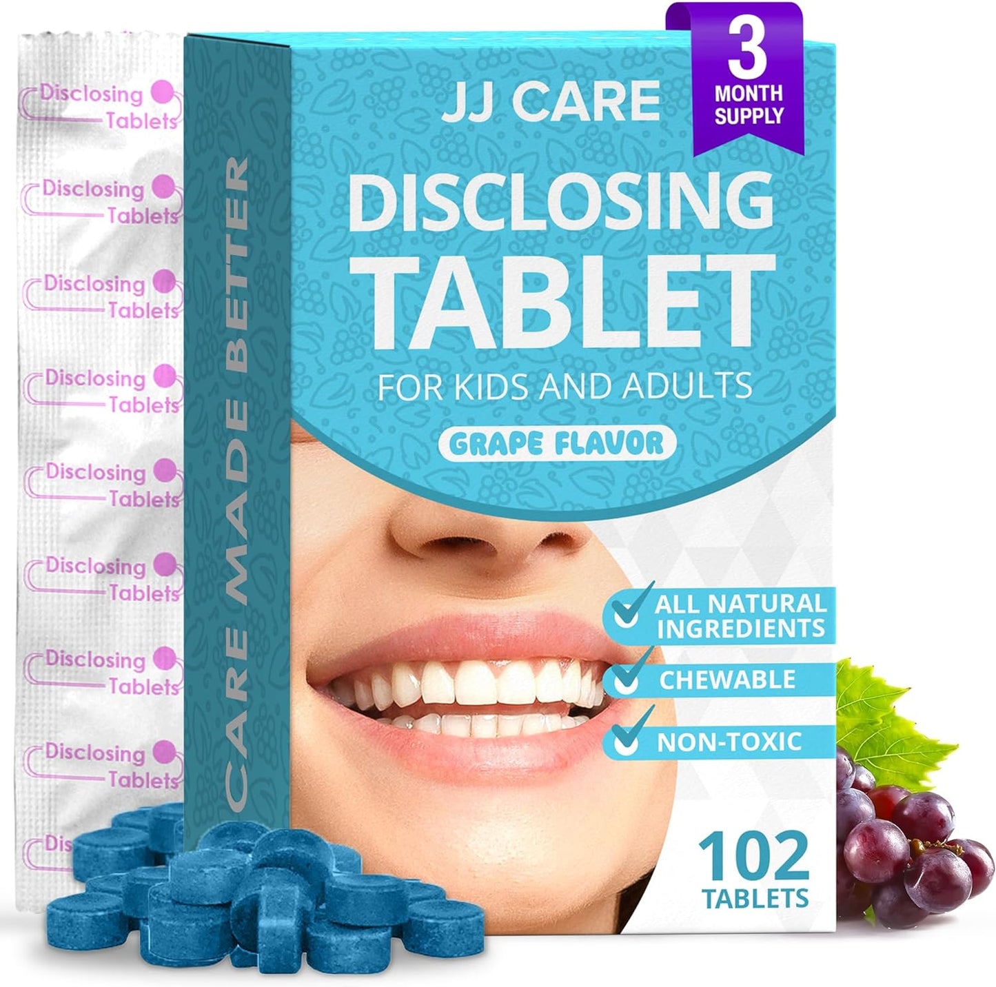 JJ Care Disclosing Tablets for Teeth- 102 Count Grape Flavored Plaque Disclosing Tablets for Kids and Adults, 3 Month Supply of Teeth Coloring, Individually Wrapped Plaque Tablets