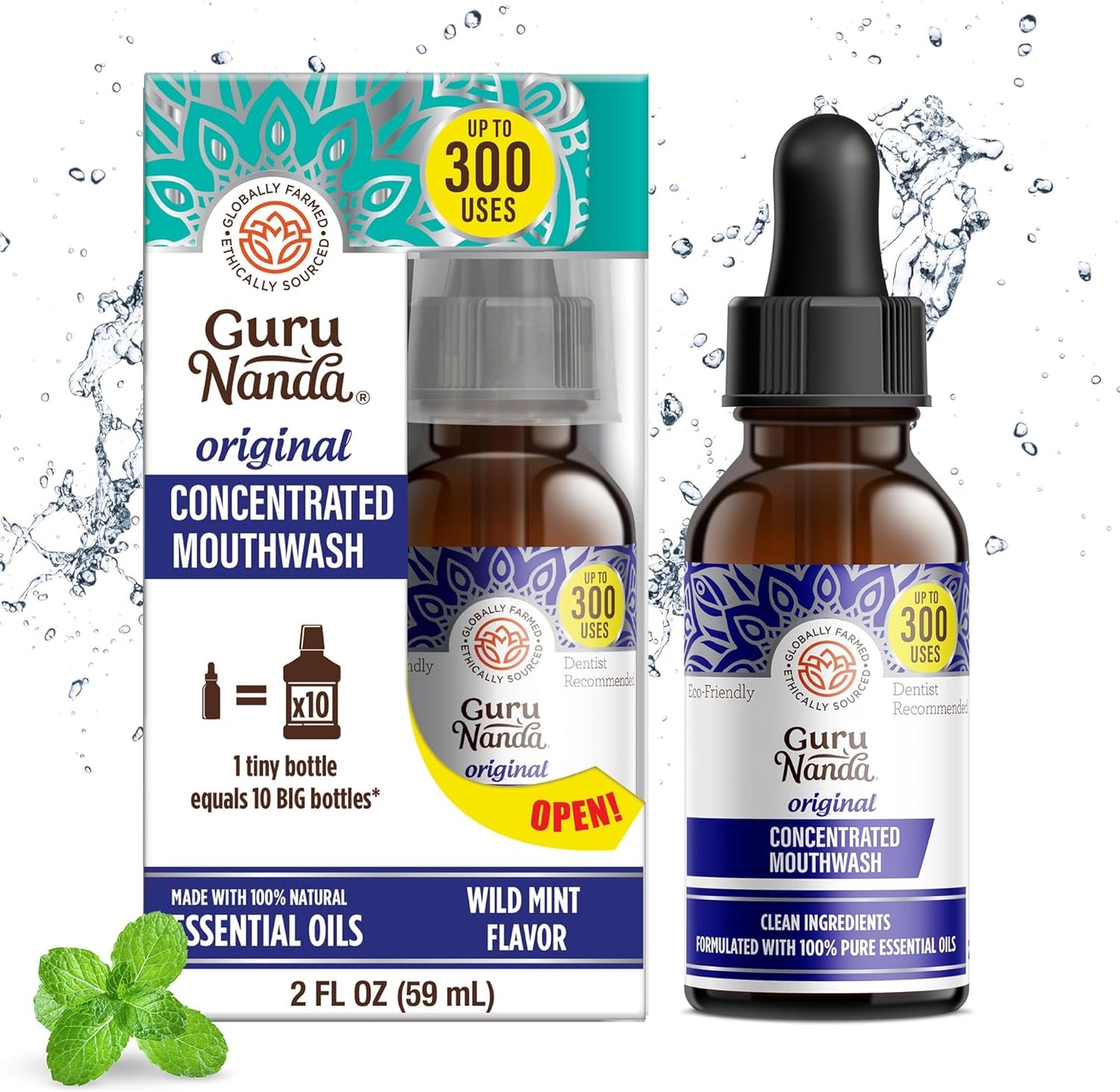 GuruNanda Concentrated Mouthwash (2 fl oz), Fluoride-Free, Mint Mouthwash with Natural Essential oils, Supports 300 Rinses, Aids in Fresh Breath