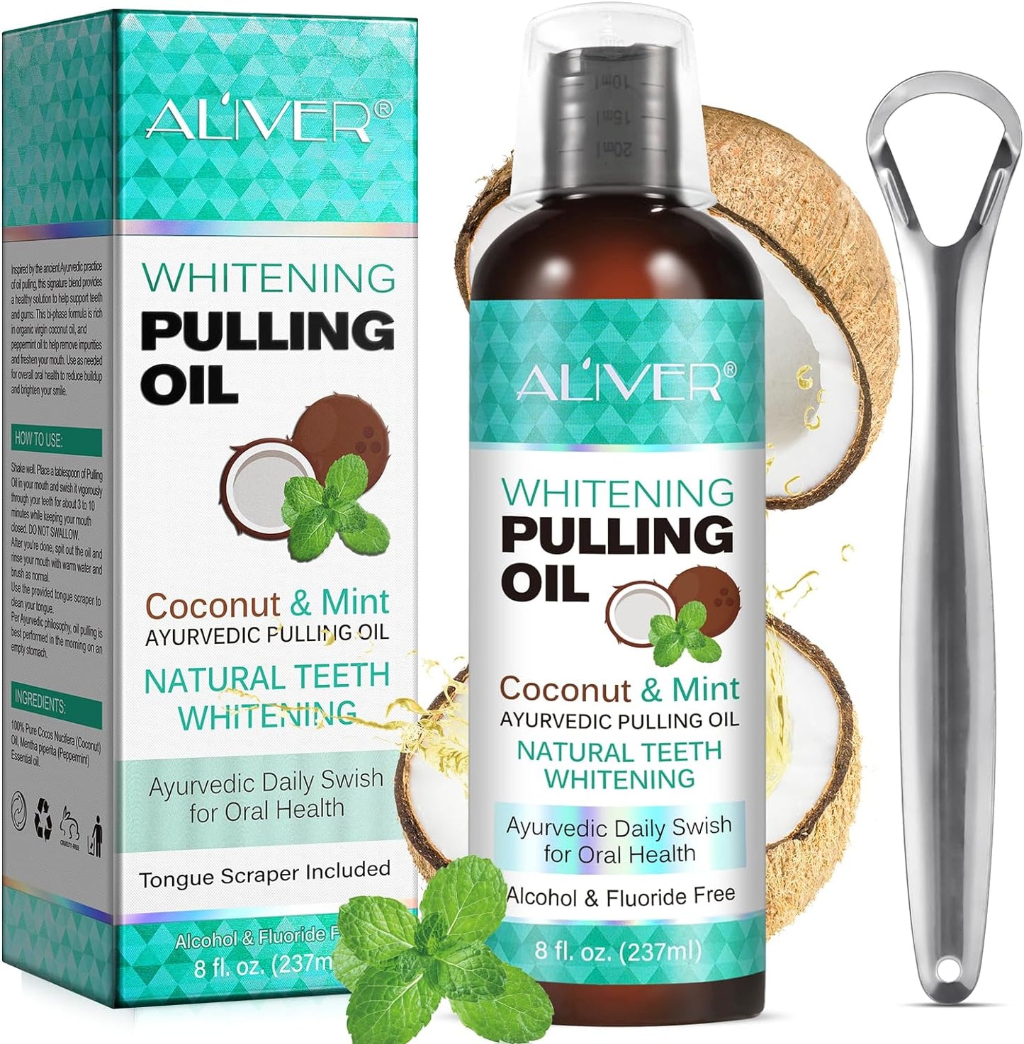 Coconut Pulling Oil (8 Fl.Oz), Mint Oil Pulling Mouthwash with Tongue Scraper Alcohol Free Natural Coconut Oil Pulling for Teeth Whitening,Fresh Breath and Healthier Gum (1pc)