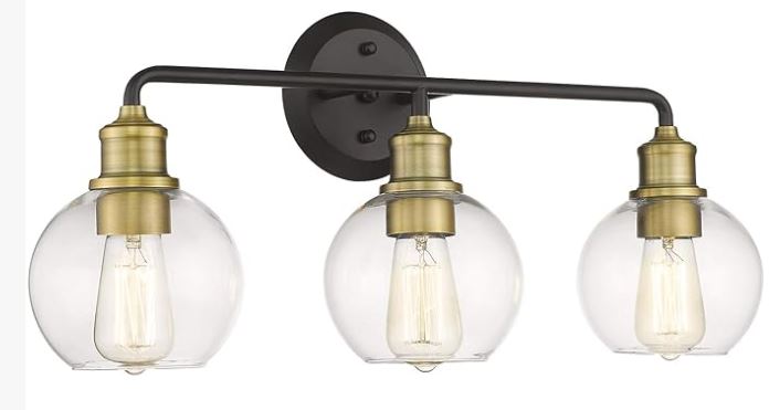 AKEZON 3-Light Bathroom Vanity Lights, Bathroom Lighting Fixtures Over Mirror, Matte Black & Antique Brass Finish with Clear Glass Shade, KW-7221-3