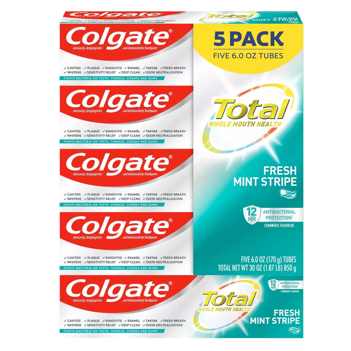 Colgate Total, Fresh Mint Stripe Gel - 6 oz - Pack of 5