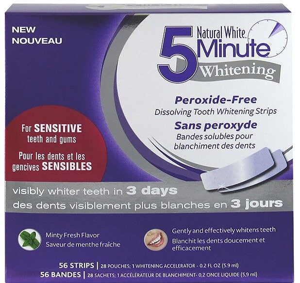Natural White - 5 Minute Whitening - Peroxide free Dissolving Tooth Whitening Strips  - Minty Fresh Flavour  | 56 Strips, 28 Pouches, 1 Whitening Accelerator 5.9 ml