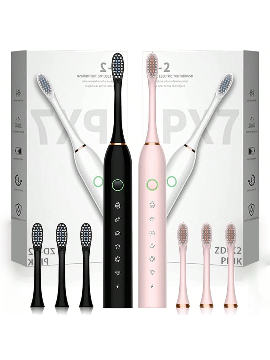 2 Pack Electric Toothbrush With 8 Brush Heads, 6 Modes 42000vpm, IPX7 Waterproof, Sonic Electric Toothbrush For Adults And Kids Black+Pink