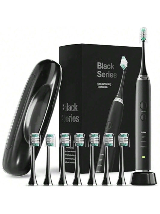 Ultra Whitening Toothbrush – Power Toothbrush - 8 Brush Heads & Travel Case – Electric Motor & Wireless Charging - 4 Modes With Smart Timer, Black