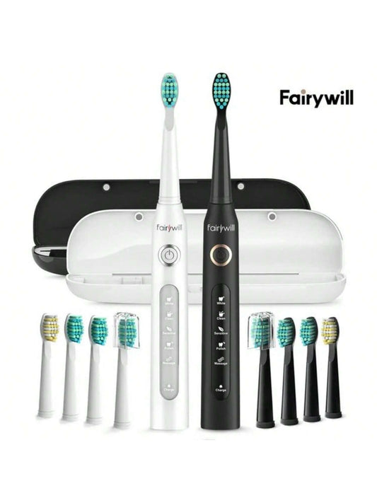 2 Packs Electric Toothbrush For Adult, Dual Sonic Toothbrushs Kit With 2 Travel Case 5 Modes Rechargeable Smart Timer IPX7 Waterproof, Black And White