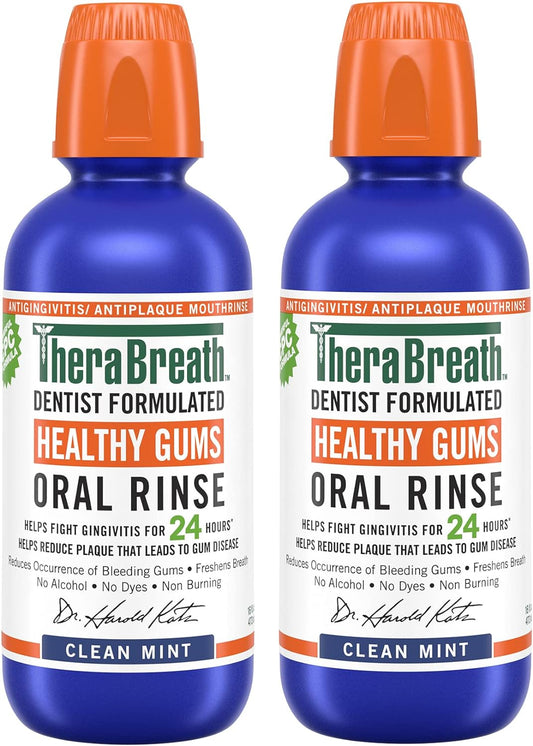 TheraBreath Healthy Gums Mouthwash, Clean Mint, Antigingivitis, Dentist Formulated, 16 Fl Oz (2-Pack)