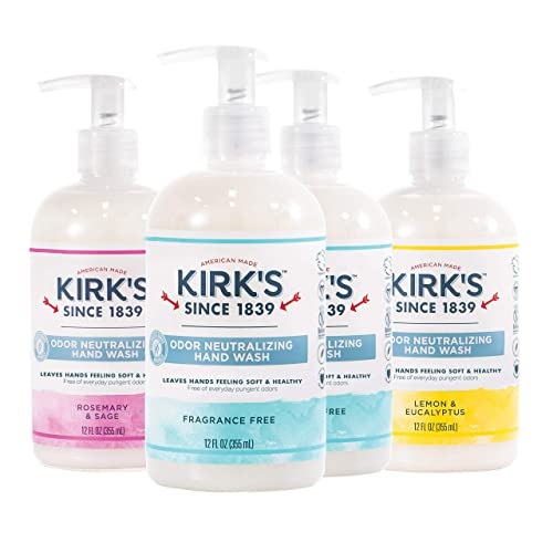 Kirk's Odor-Neutralizing Clean Hand Soap Castile Liquid Soap Pump Bottle | Moisturizing & Hydrating Kitchen Hand Wash | 12 Fl Oz. Bottles | Variety 4-Pack