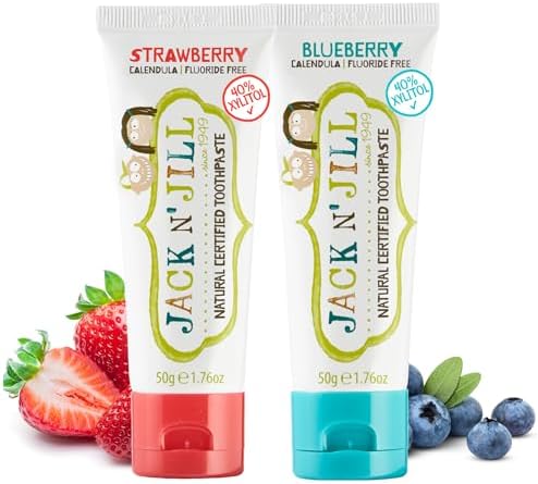 Jack N' Jill Natural Certified Toothpaste - Safe if Swallowed, Contains 40% Xylitol, Fluoride Free, Organic Fruit Flavor, Makes Tooth Brushing Fun for Kids - Blueberry & Strawberry 1.76 oz (Pack of 2)
