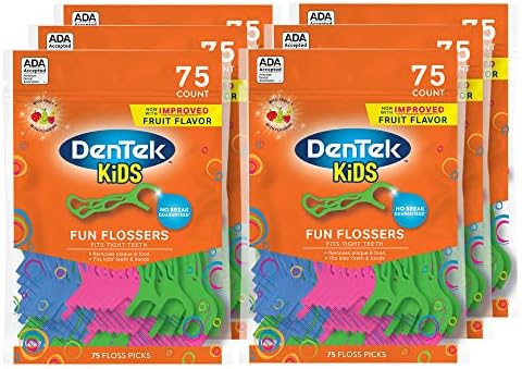 DenTek Kids Fun Flossers, Removes Food & Plaque, Wild Fruit Flavored Floss Picks, 75 Count, 6 Pack