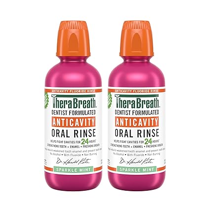 TheraBreath Cavity,Bad Breath Healthy Smile Dentist Formulated 24-Hour Oral Rinse, Fluoride Mouthwash, Sparkle Mint, 16 Ounce (Pack of 2)