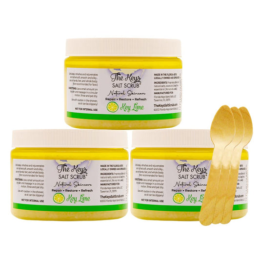 The Keys Sea Salt Scrub - Exfoliating Body Scrub with Wooden Spoon- Foot Scrub and Hand Scrub for men, women - Made with Pure Florida Sea Salt Organic Essential Oils (Key Lime, 3 Pack 12 oz).