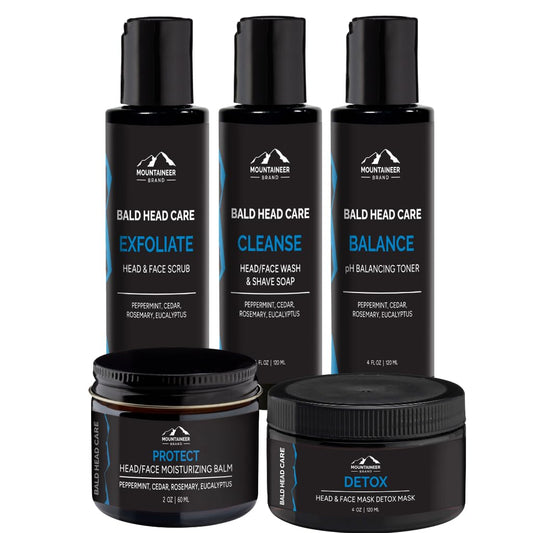 Mountaineer Brand Ultimate Bald Head Care Gifts Bundle For Men | All Natural 5 Step Skin Care for Healthy Scalp & Face | Exfoliate Scrub | Cleanse Wash | Shine Away | Moisturizing Balm | Detox