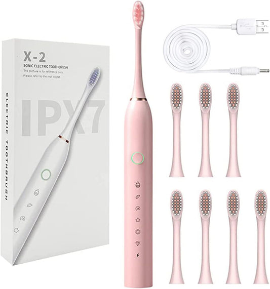 ufehgfjh Electric Toothbrush for Home Travel, Electric Toothbrush with 8 Replaccement Brush Heads, Smart 6-Speed Timer Electric Toothbrush IPX7 Water-Proof (Pink)