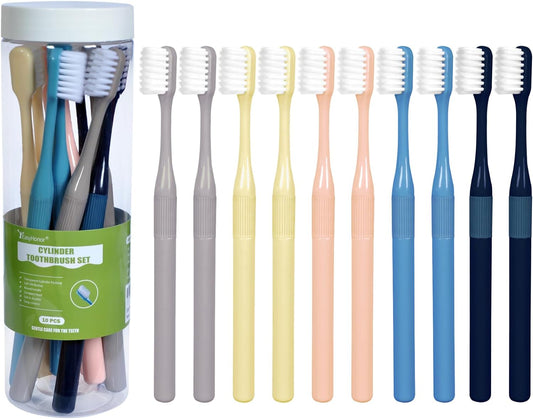 EasyHonor Cylinder Toothbrush, Soft Manual Toothbrush with Silk Bristles, Gentle Cleaning Toothbrush for Sensitive Teeth and Gums, Compact Head, Packaged in A Clear Cylinder. (10 Pcs)