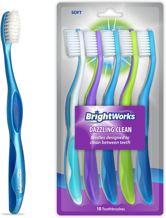 BrightWorks Dazzling Clean Manual Toothbrush (10 Pack), Soft, Bristles Designed to Clean in Between Teeth. Great for Sensitive Teeth or Sensory Issues (Multiple Colors).