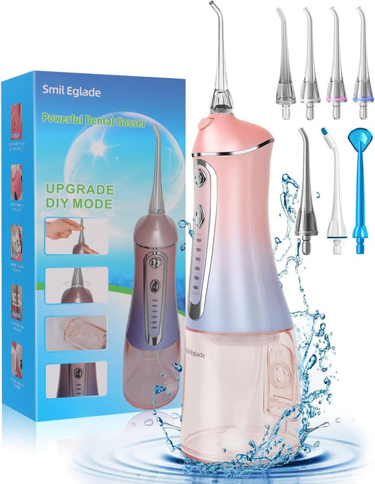 Water Dental Flosser,SmilEglade Dental Oral Irrigator Rechargeable for Teeth Picks Cleaning IPX7 Waterproof for Home Travel 7 Levels Portable-PinkBlue