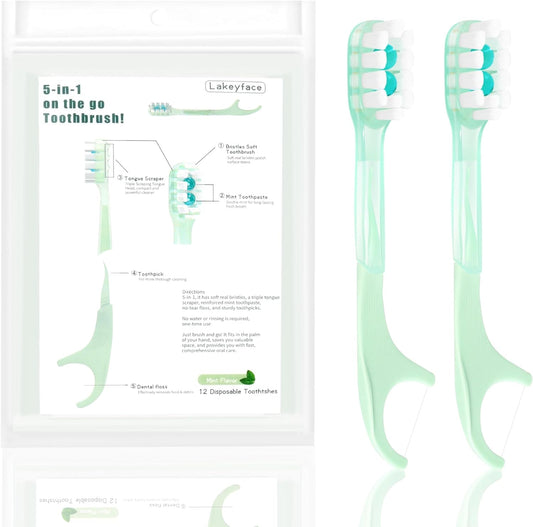 Lakeyface 5-in-1 Travel Toothbrush Set, Disposable Mini Toothbrushes with Toothpaste + Tongue Scrapers + Floss + Pick for Work or Travel, Individually Wrapped, Mint, 12 Pack