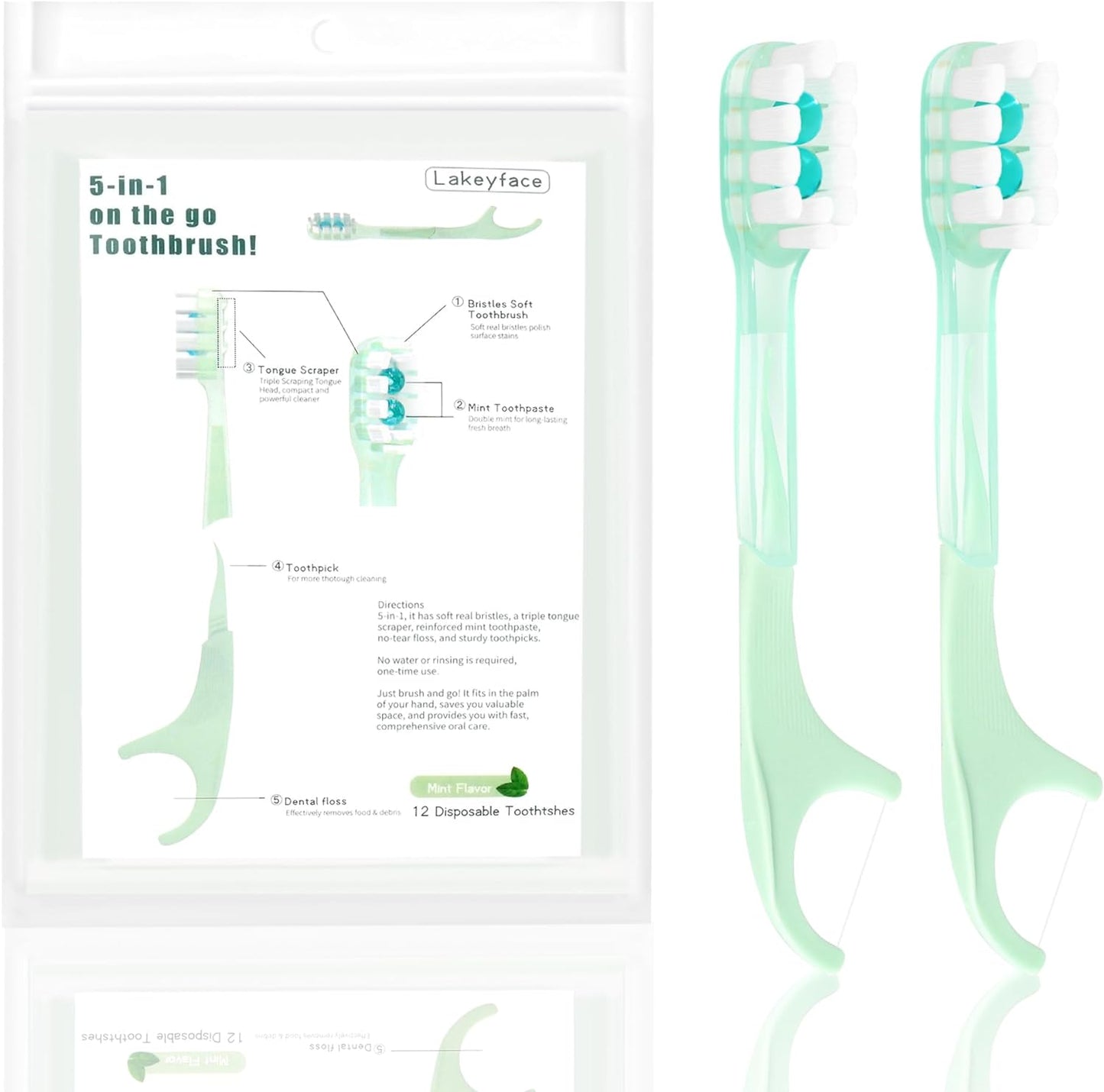 5-in-1 Travel Toothbrush Set, Disposable Mini Toothbrushes with Toothpaste + Tongue Scrapers + Floss + Pick for Work or Travel, Individually Wrapped, Mint, 12 Pack
