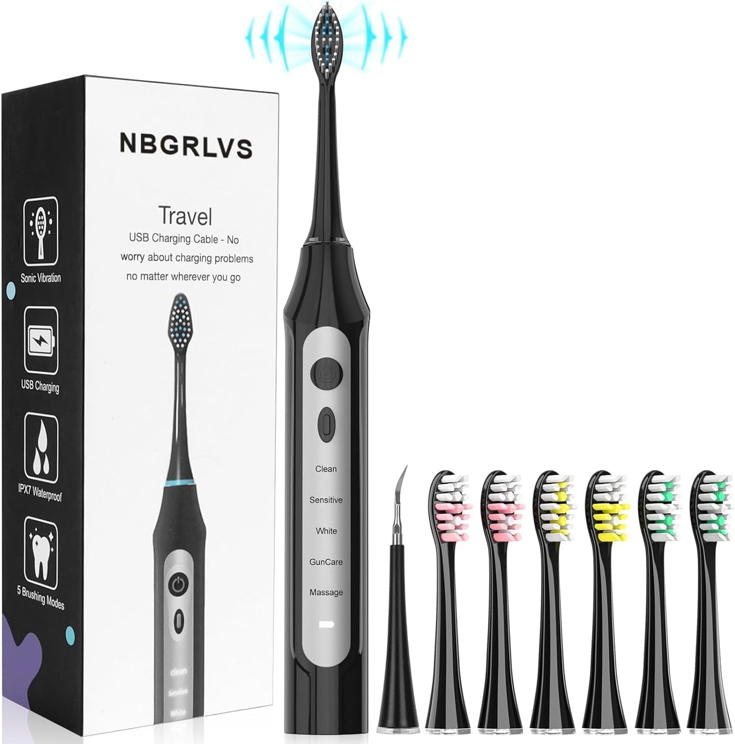NBGRLVS Sonic Electric Toothbrush for Adults - Rechargeable Toothbrush with 6 Brush Heads & Plaque Remover for Teeth,IPX7 Waterproof,5 Modes with 2-Min Smart Timer,One Charge for 90 Days