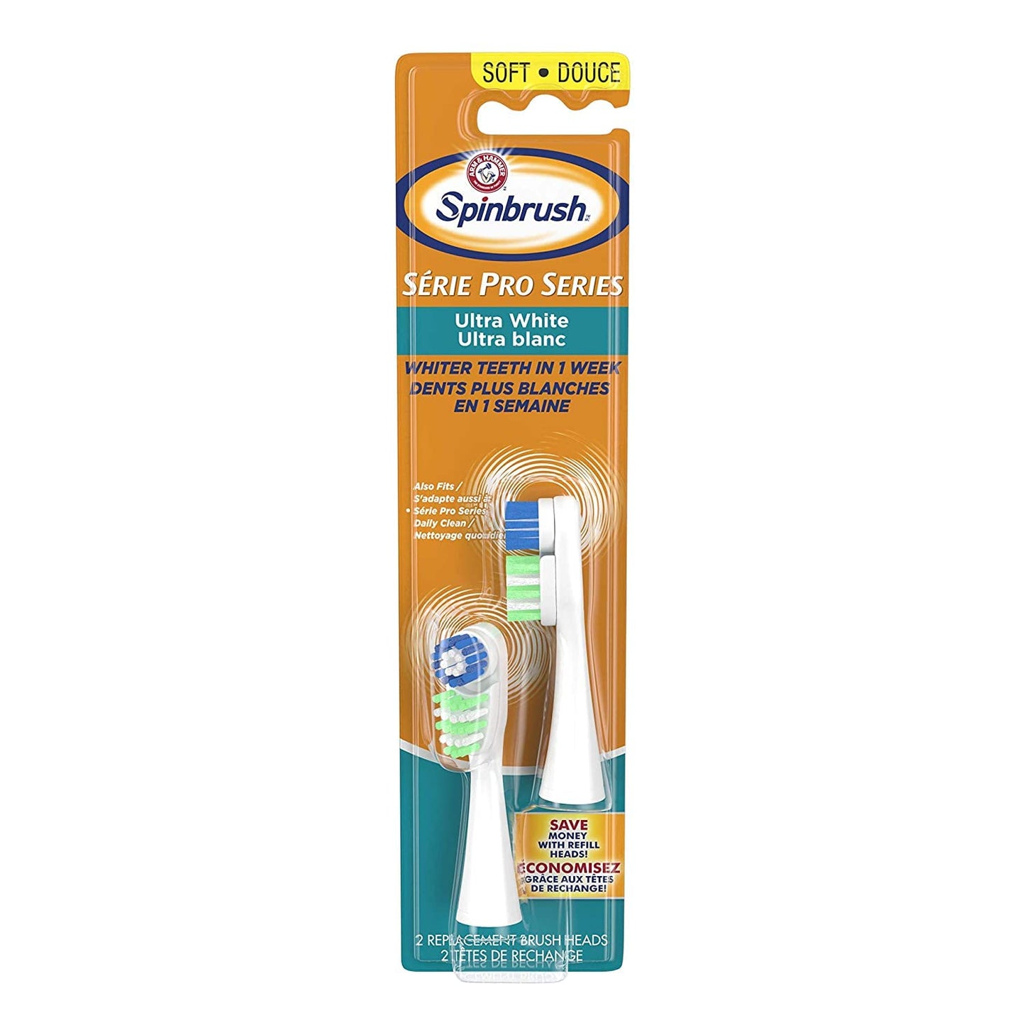 Arm & Hammer Spinbrush Pro Series White Electric Toothbrush Replacement Brush Heads Refills, Soft Bristles, 2 Count - 2 Pack (Includes 4 Brush Heads Total)