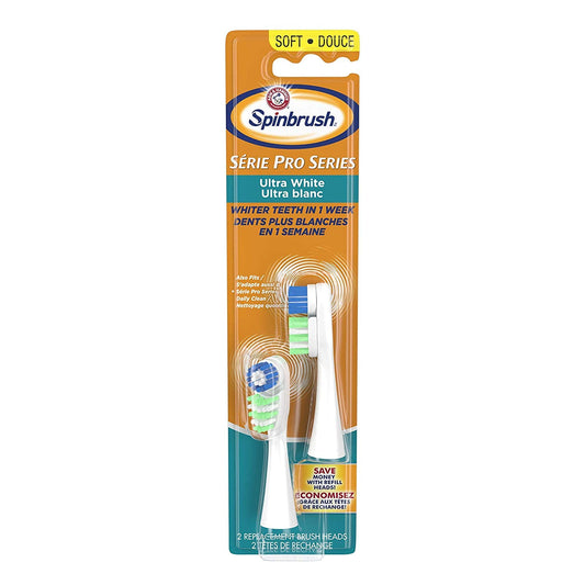 Arm & Hammer Spinbrush Pro Series White Electric Toothbrush Replacement Brush Heads Refills, Soft Bristles, 2 Count - 2 Pack (Includes 4 Brush Heads Total)