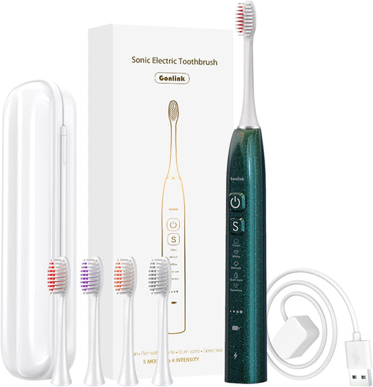 Sonic Electric Toothbrush for Adults, 4 Toothbrush Heads Electric Toothbrush with Travel Case, Rechargeable Toothbrushes 5 Cleaning Modes with Charge Toothbrush (Green)