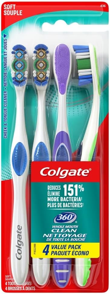 Colgate 360 Whole Mouth Toothbrush, Adult Soft Toothbrush With Tapered Bristles, Features Tongue Cleaner and Ergonomic Handle, Helps Whiten Teeth and Removes Bacteria, 4 Pack