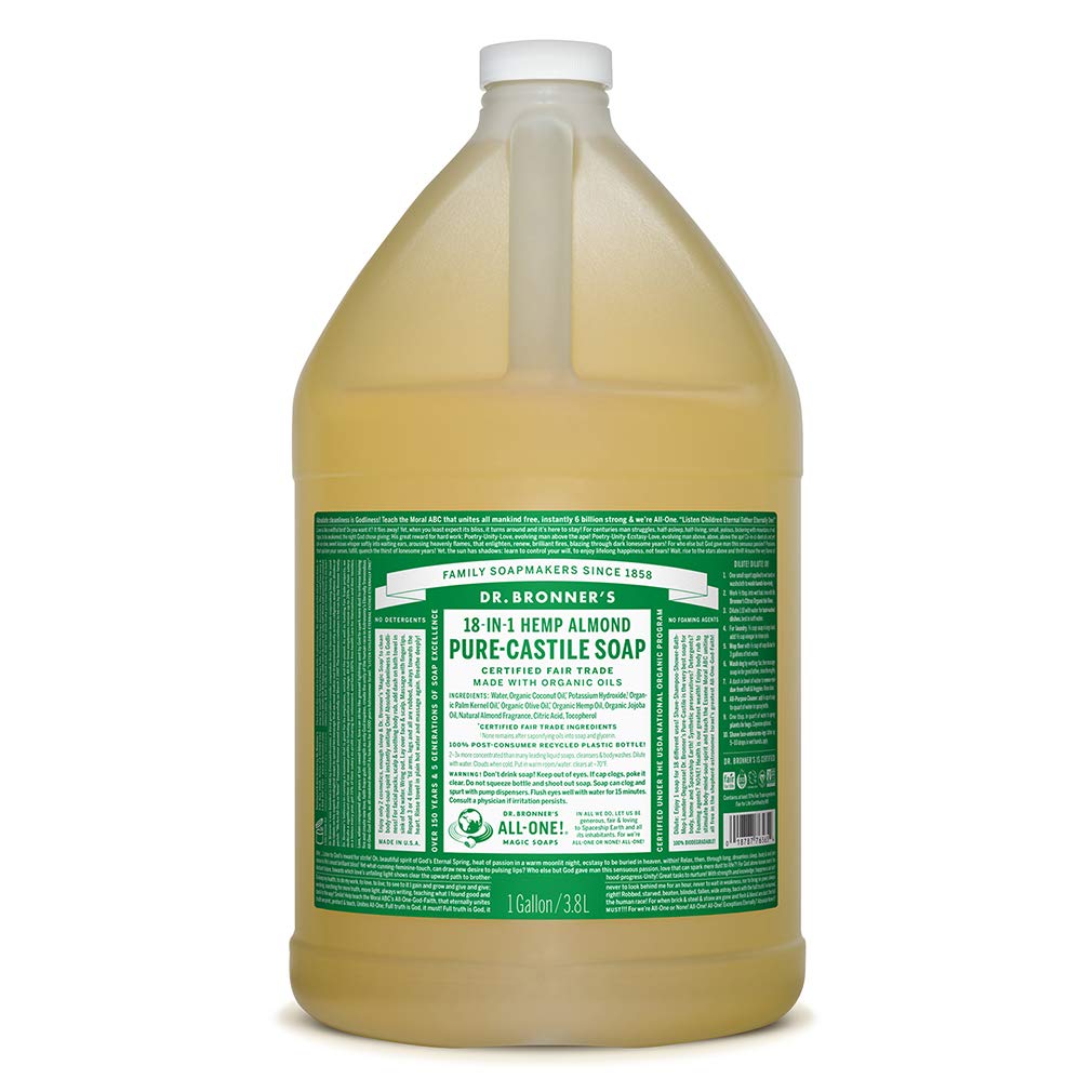 Dr. Bronner's - Pure-Castile Liquid Soap (Almond, 1 Gallon) - Made with Organic Oils, 18-in-1 Uses: Face, Body, Hair, Laundry, Pets and Dishes, Concentrated, Vegan, Non-GMO