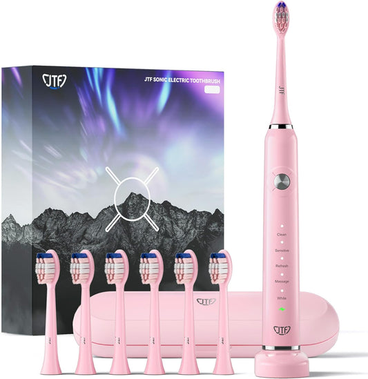 JTF Sonic Electric Toothbrush for Adults, Pink Rechargeable Toothbrushes with 6 Replacement Brush Heads and Travel Case, 5 Modes and 2 Min Auto Smart Timer, Charger for 40,000 VPM Power Motor