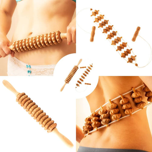2 Pcs Wooden Sturdy Lymphatic Drainage Roller & Back Massager with Ropes, Maderotherapy, Body Sculpting- Recommended by Professionals (Roller & Massager)