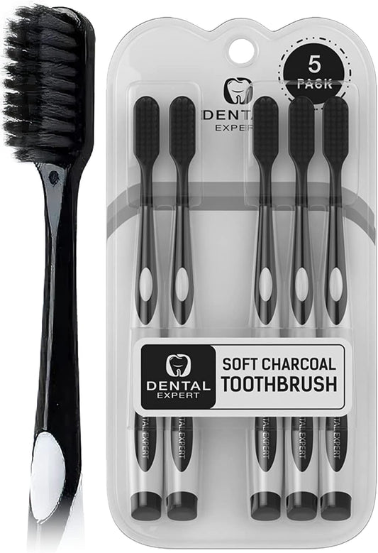 Dental Expert Charcoal Toothbrush Ultra Soft for Sensitive Gums - Teeth Whitening Brush for Adults & Children [Extra Family Pack] - Medium Tip Bristles (Black)